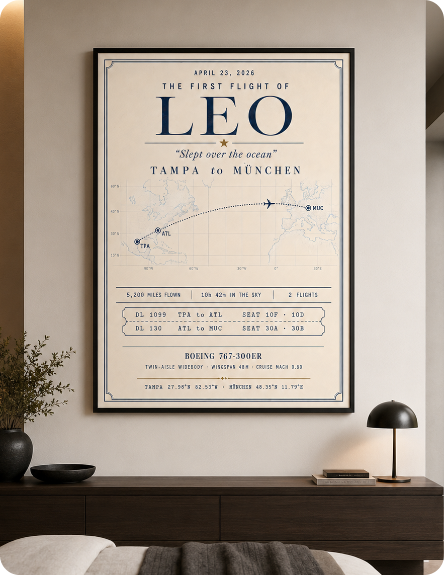 Close-up of a My Flight Poster showing name, route, and map
