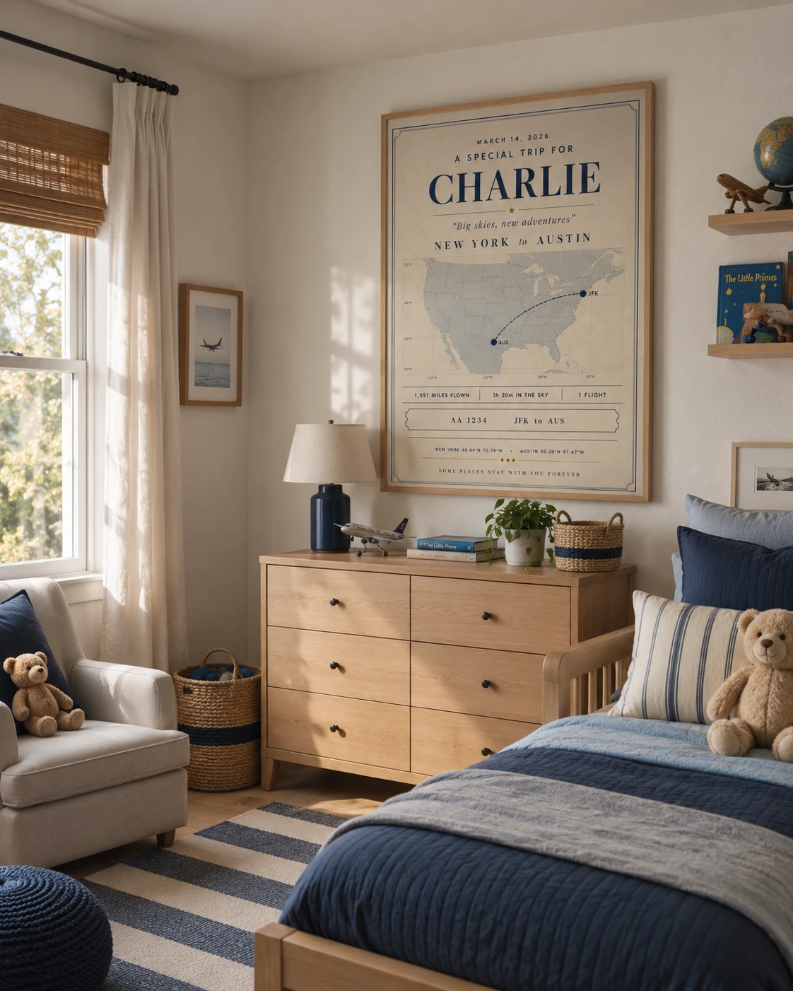 A framed My Flight Poster for Charlie hanging in a child's bedroom, above a wooden dresser with a toy airplane, with a teddy bear on the bed