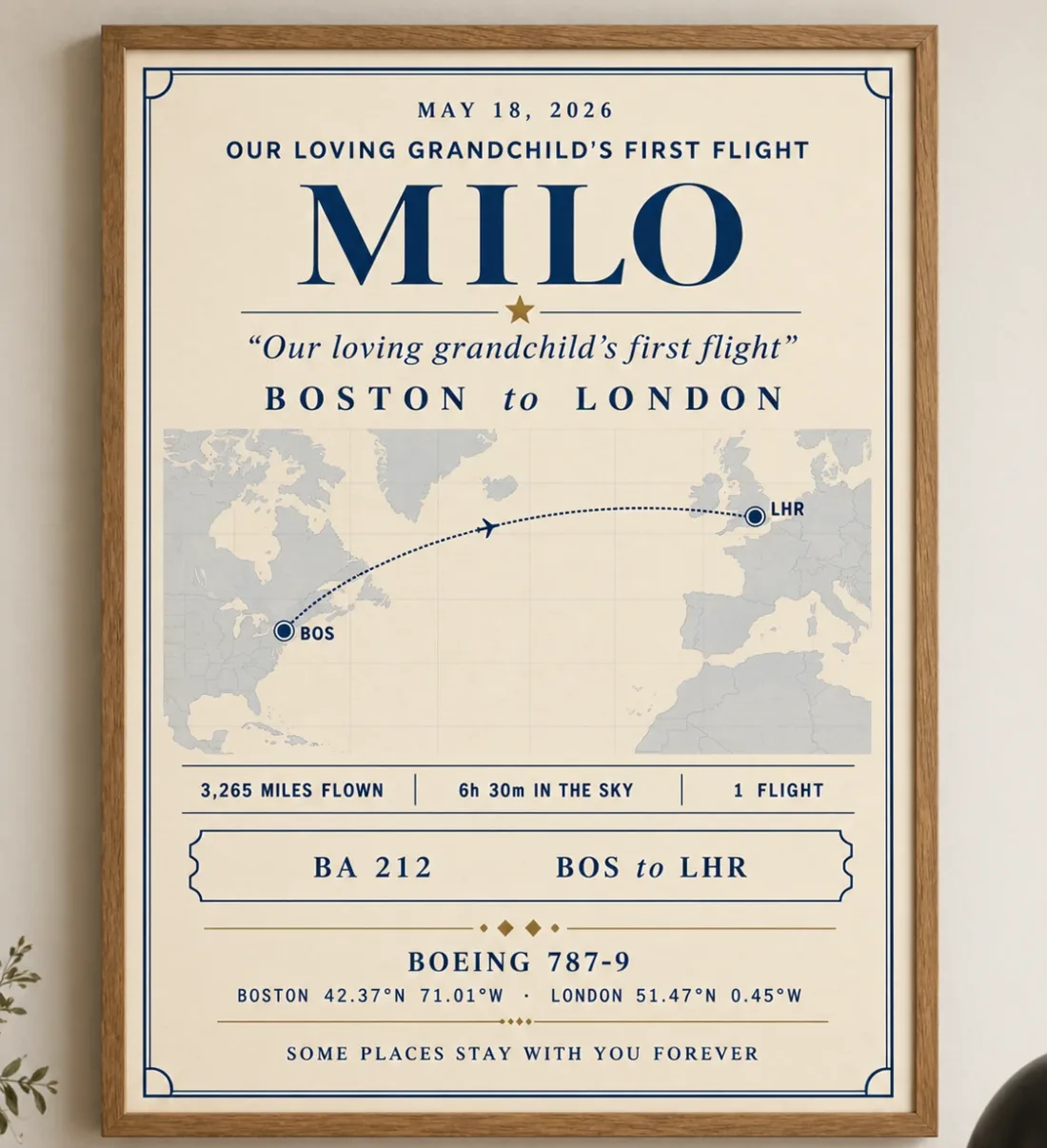 A flight poster in its natural wood frame