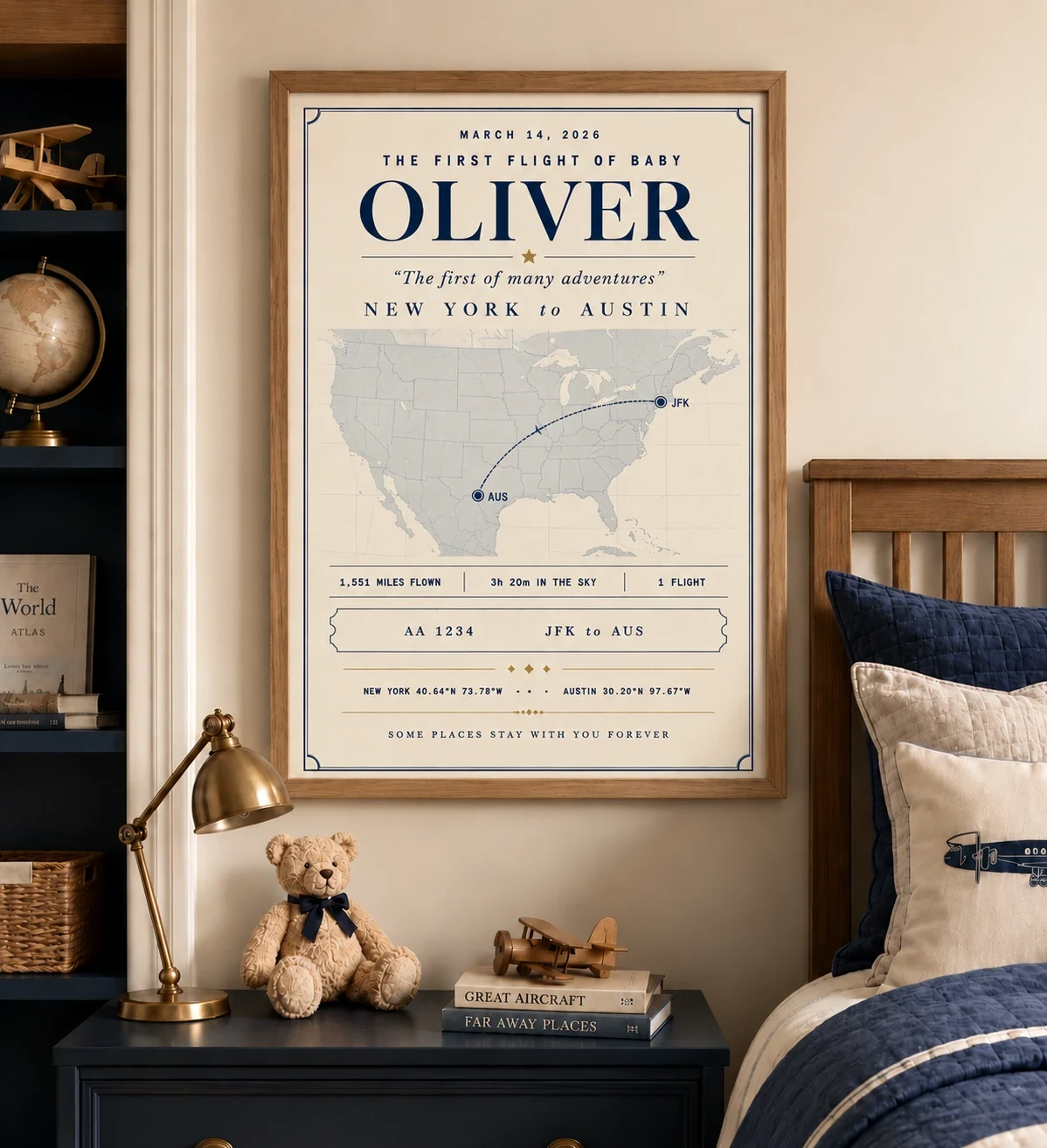 A framed My Flight Poster, The First Flight of Baby Oliver, hanging in a nursery